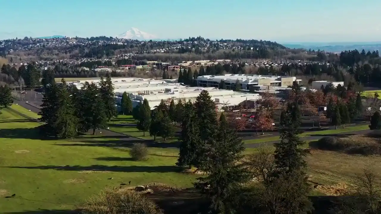 Aerial view of the Vancouver Innovation Center campus in east Vancouver, Washington, with Mount Hood in the distance